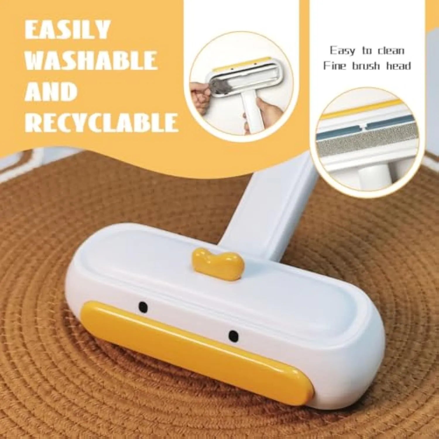 Yellow duck design portable pet hair remover tool with polyester bristles on white background.