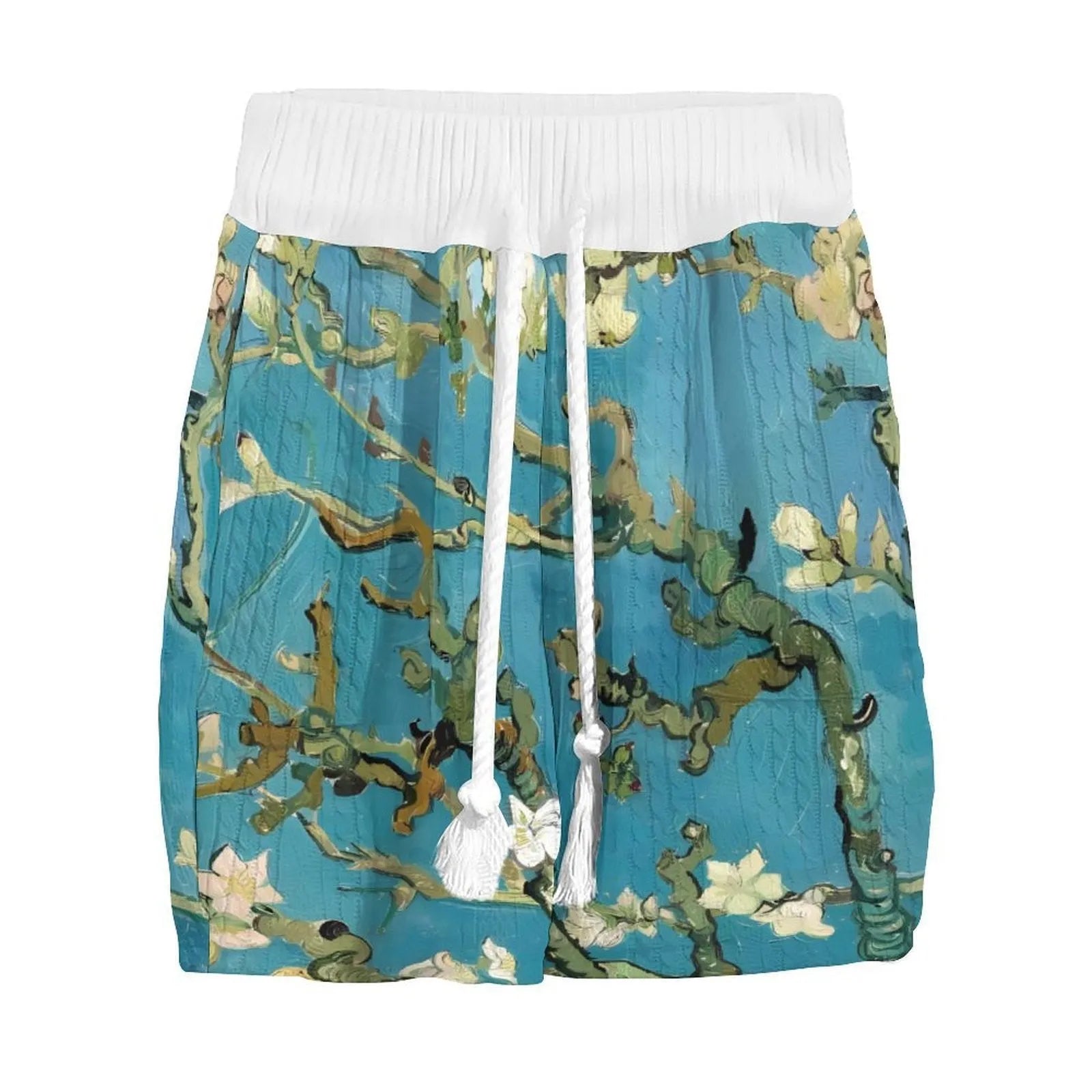 Men's peacock blue 3D printed knitted shorts suit with matching top and fifth-pants length shorts