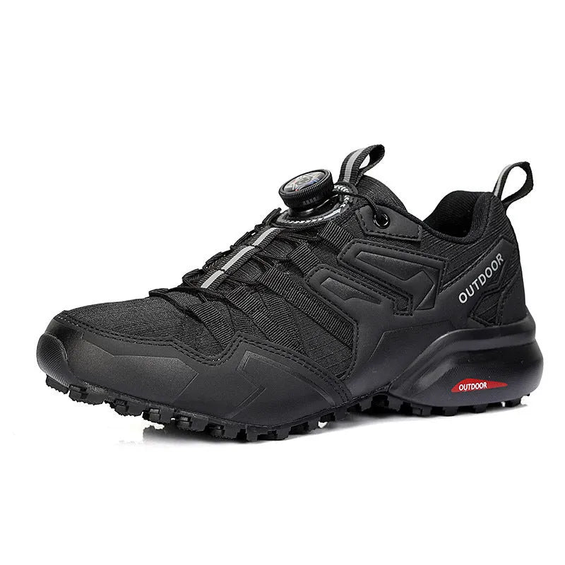 Men's lightweight hiking shoes with elastic band fastening in beige, black, and black-red colours