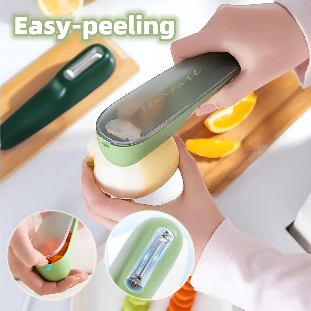 Dark green vegetable peeler with stainless steel blade inside its clear plastic storage tube on a kitchen counter.