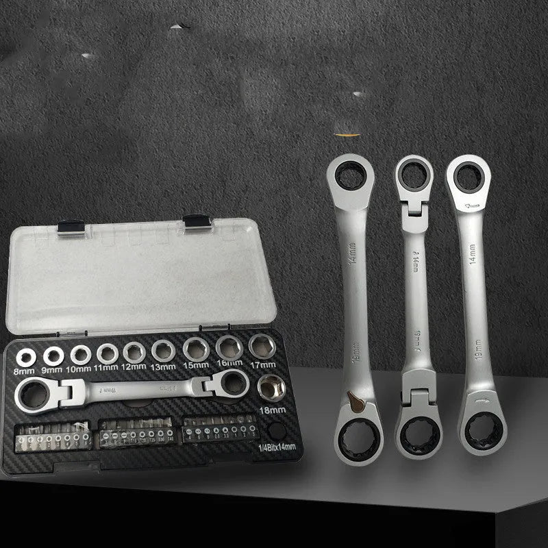 Dual-purpose ratchet wrench set with sockets and batch heads for automotive and DIY use