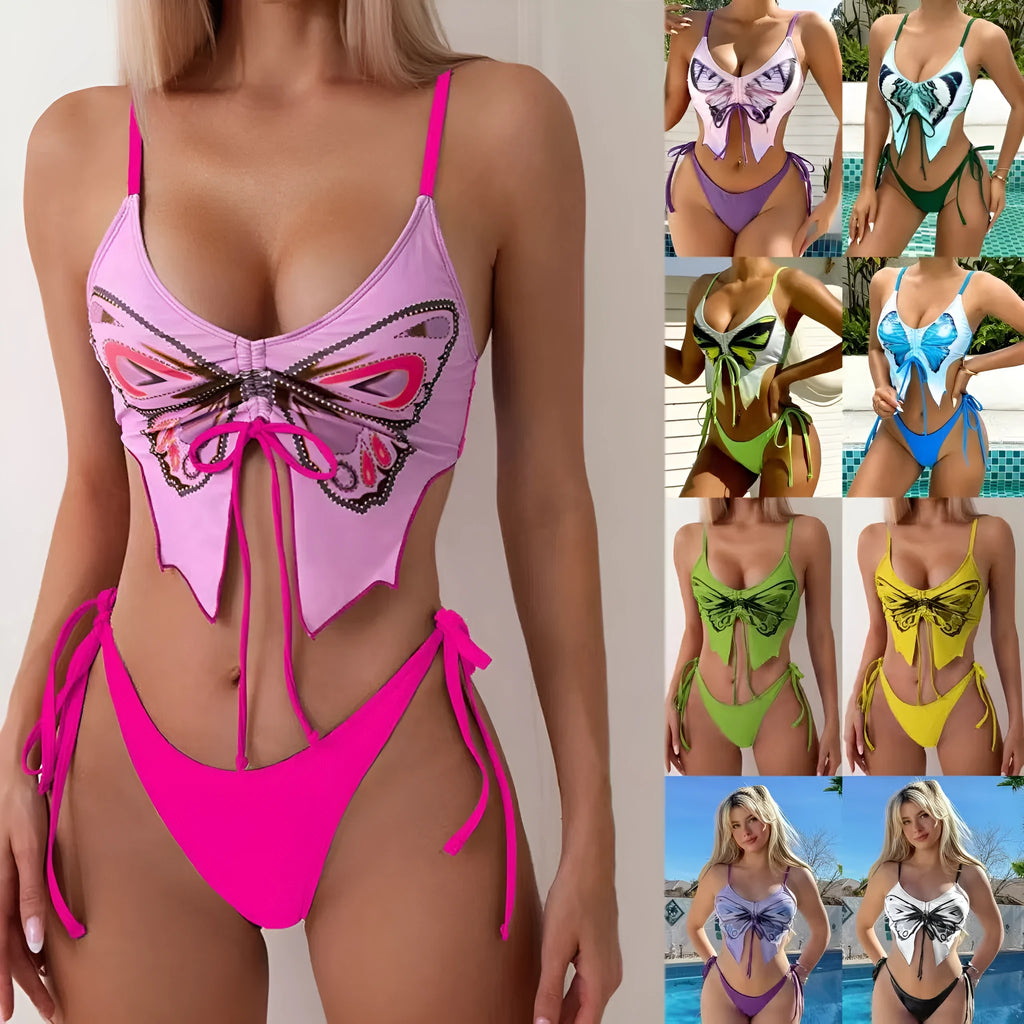 Women's purple bow ins style split bikini set with briefs, on a mannequin.