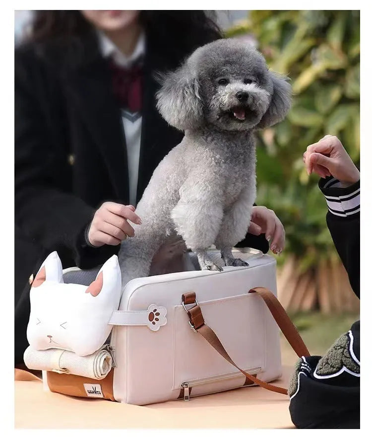 Beige hard-sided pet carrier with one shoulder strap measuring 43x25x22.5cm