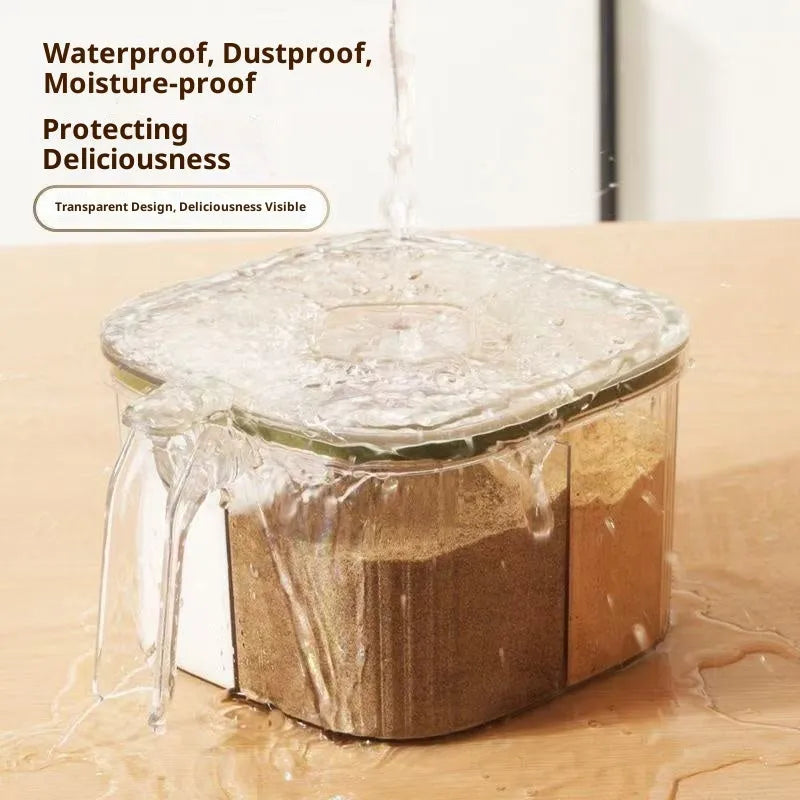 Five-in-one plastic seasoning container box in orange on a kitchen countertop