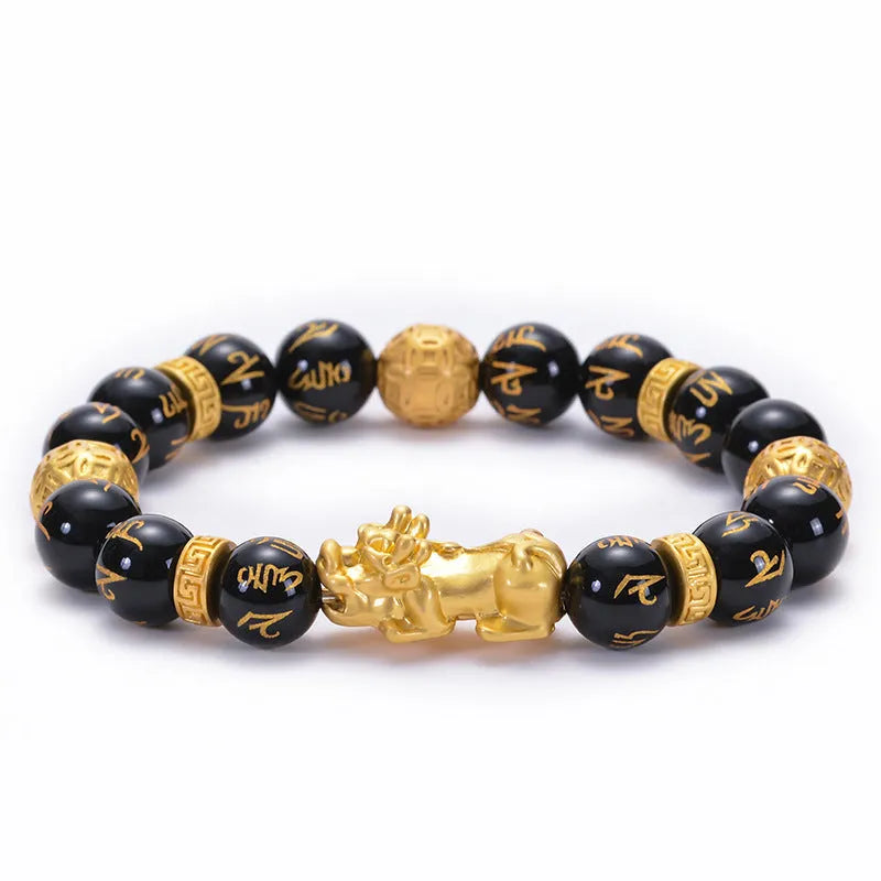 Unisex natural black agate stone bracelet with imitation gold accent, round bead design