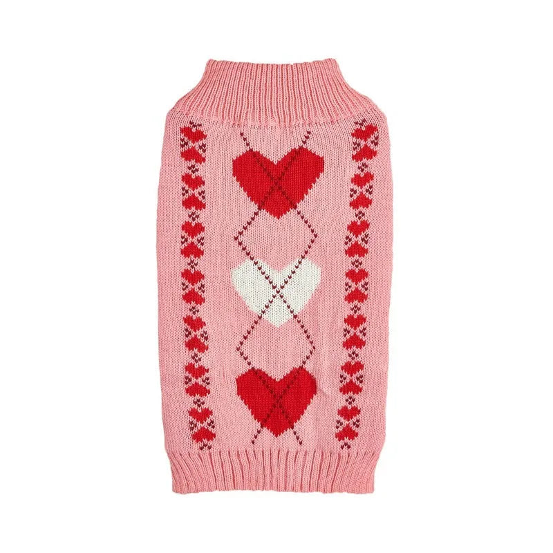 Red dog sweater with a large white love heart design on the side.