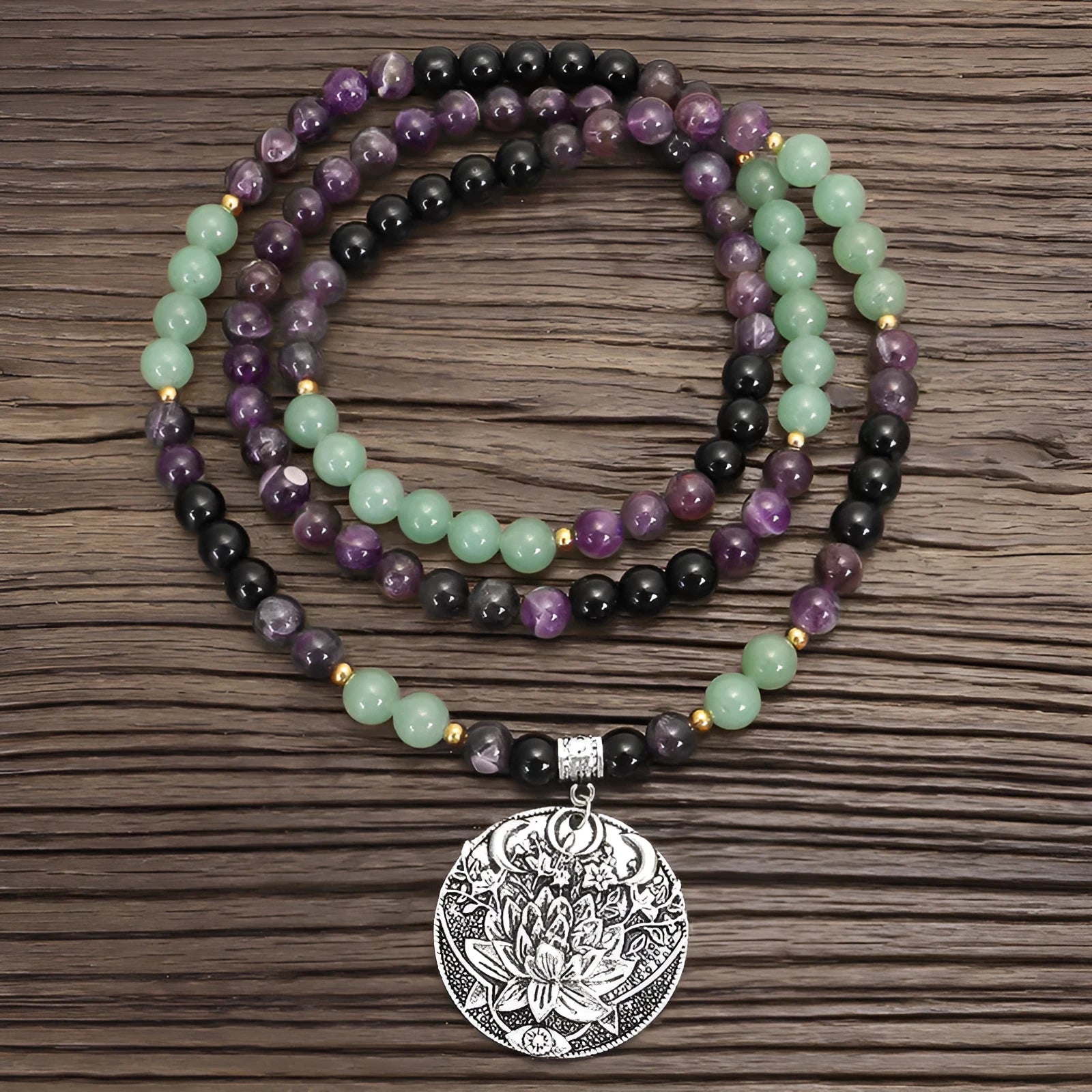 Handmade stone bead necklace with alloy lotus pendant and matching bracelet