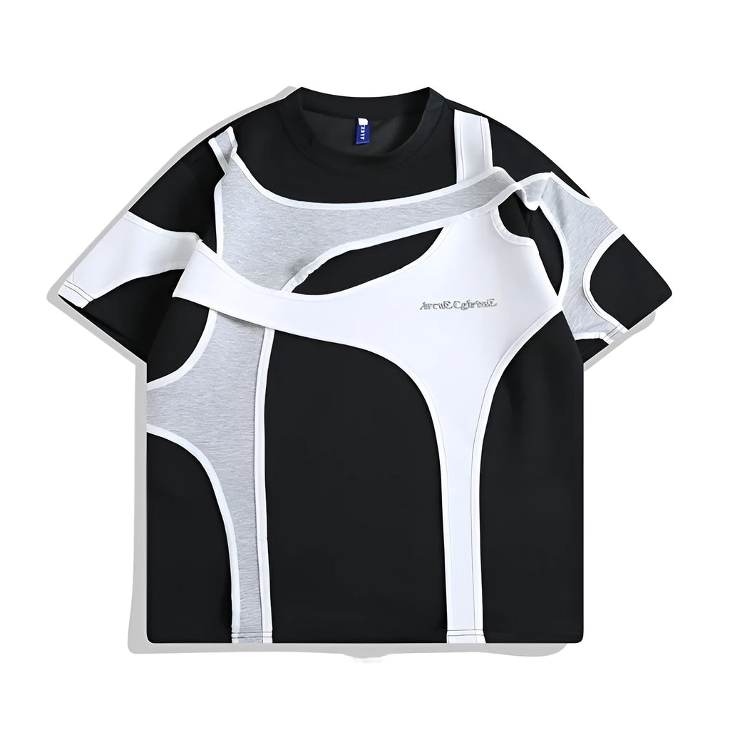 Double-layer stitched padded shoulder strap T-shirt in black loose fit with round neck collar
