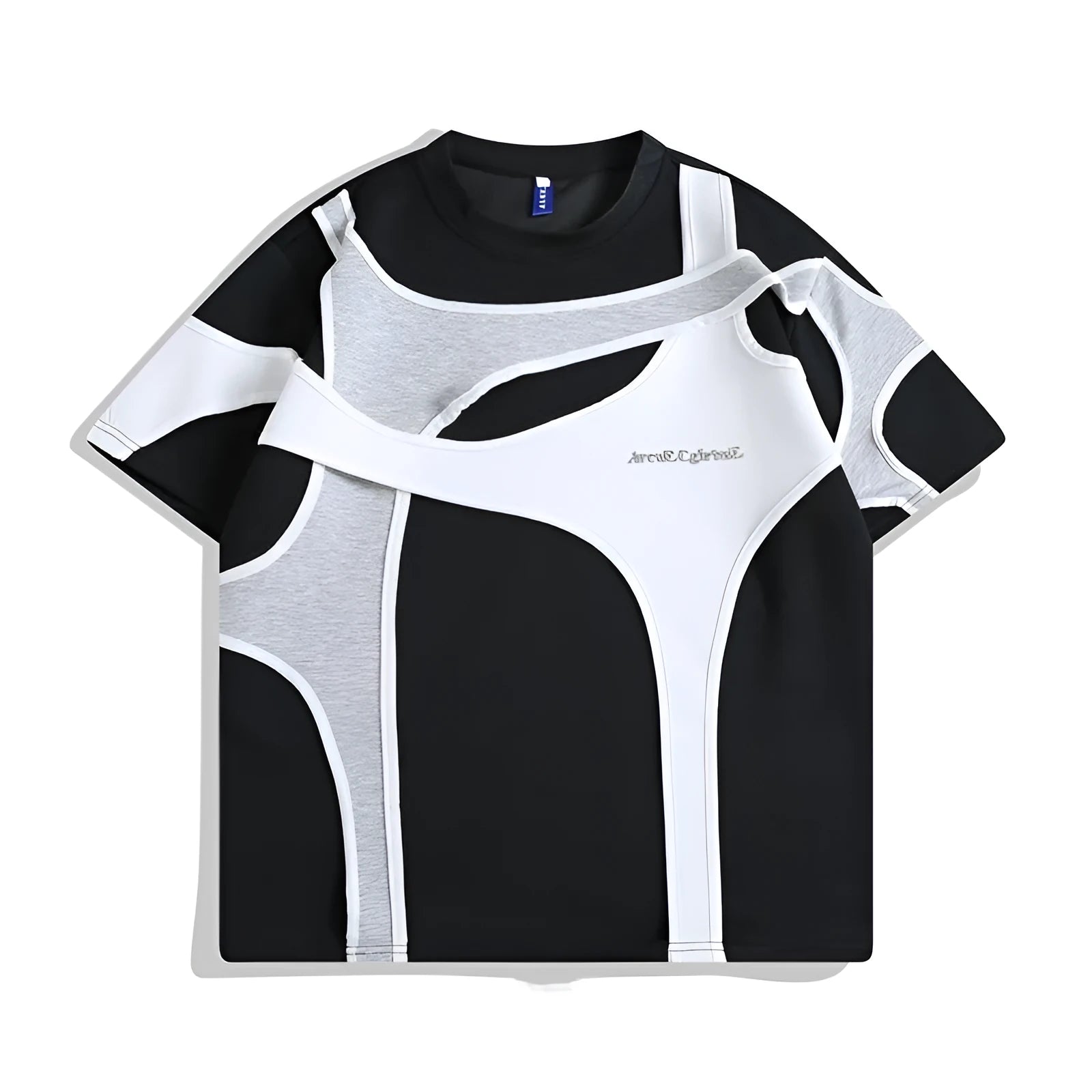 Double-layer stitched padded shoulder strap T-shirt in black loose fit with round neck collar