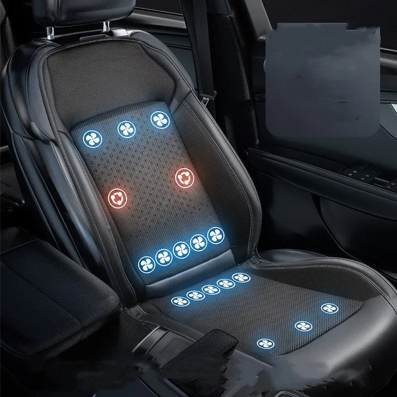 Black car seat cooling pad with ventilation fan and USB cable on vehicle seat