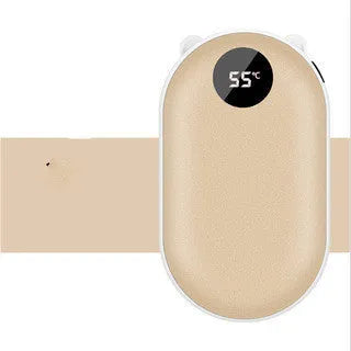 Blue digital display rechargeable hand warmer and USB power bank showing compact size