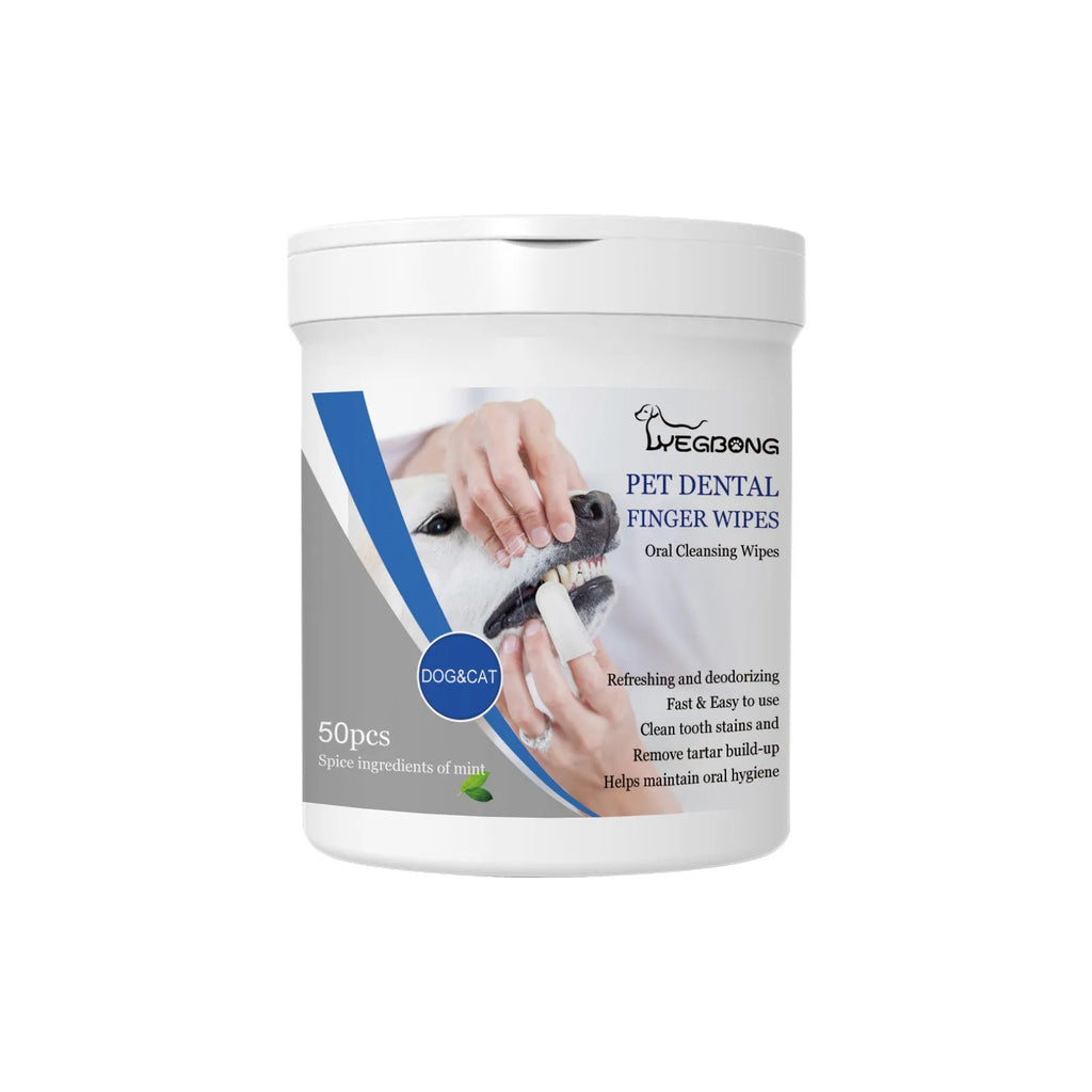 Can of 50 pet teeth cleaning finger wipes with finger stall for dog dental care