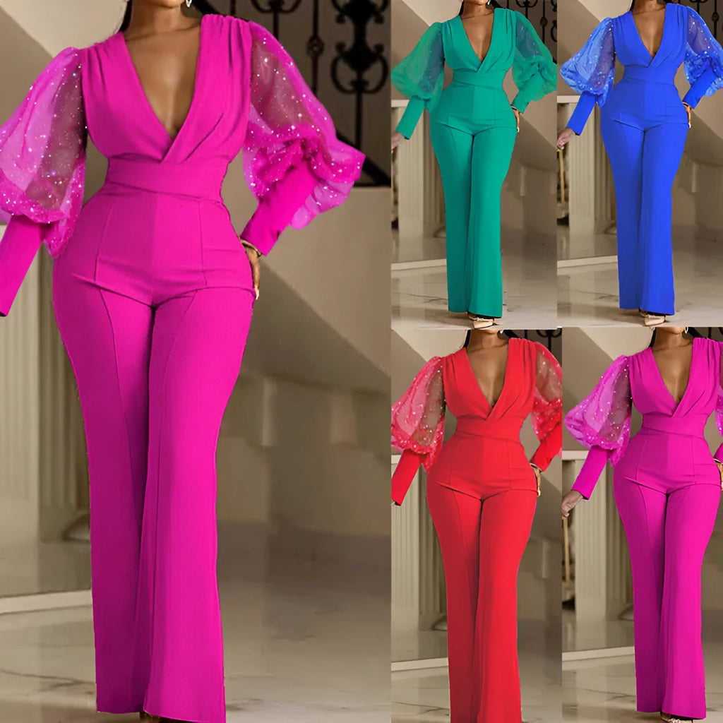 Women's mesh stitching jumpsuit with long sleeves, elastic waist, and wide legs in blue.