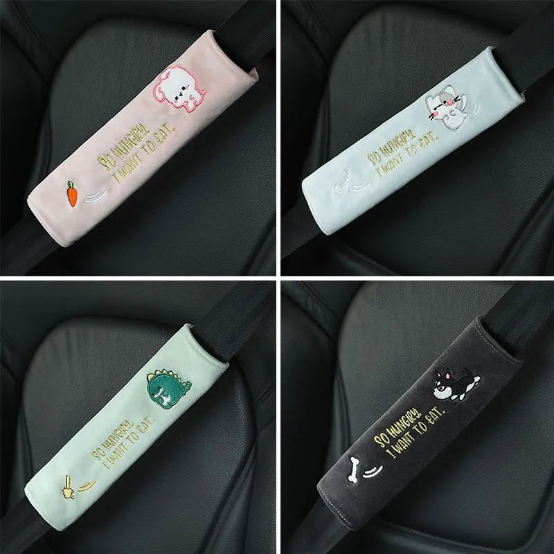 Car plush embroidery headrest shoulder pad with cute lion design in black on a car seat