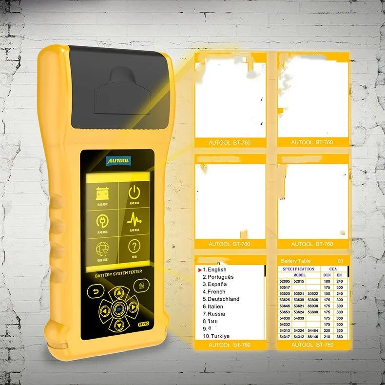 Autool BT760 digital vehicle battery tester with colour screen and thermal printer on a workshop bench.