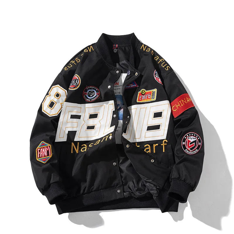 Black American motorcycle baseball uniform jacket with side pocket, shown in loose fit
