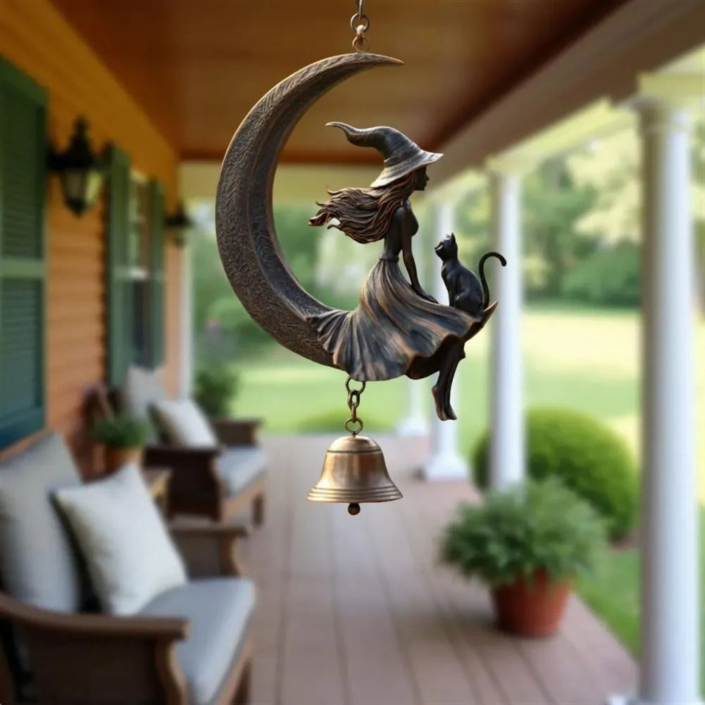 Witch moon and black cat bell pendant with suspension hanging method and witch moon bell colour classification