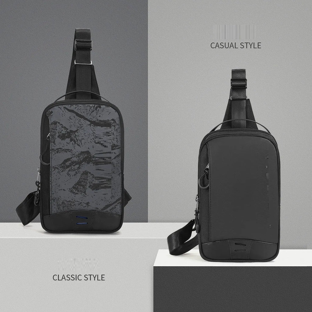 Black camouflage chest bag with single shoulder strap showing waterproof TPU construction and mobile phone compartment