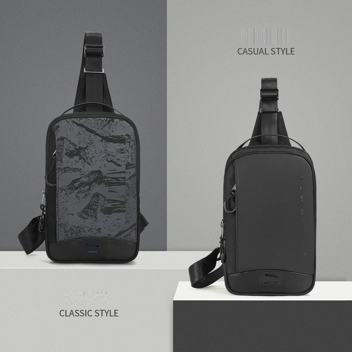 Black camouflage chest bag with single shoulder strap showing waterproof TPU construction and mobile phone compartment