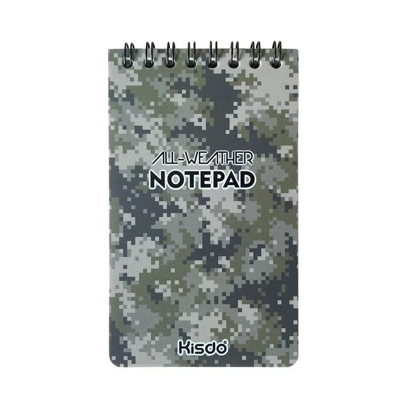 Spiral-bound waterproof office notepad with stone paper pages, shown in camouflage colour option.