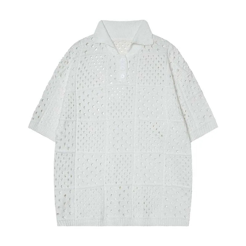 Black and white short-sleeved polo shirt with hollow knit design for teenage casual wear