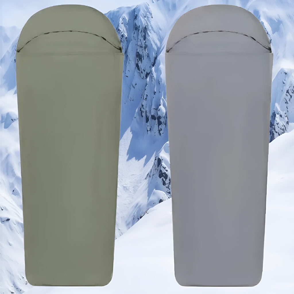 Blue nylon mummy camping sleeping bag showing tapered design and matt nylon fabric texture