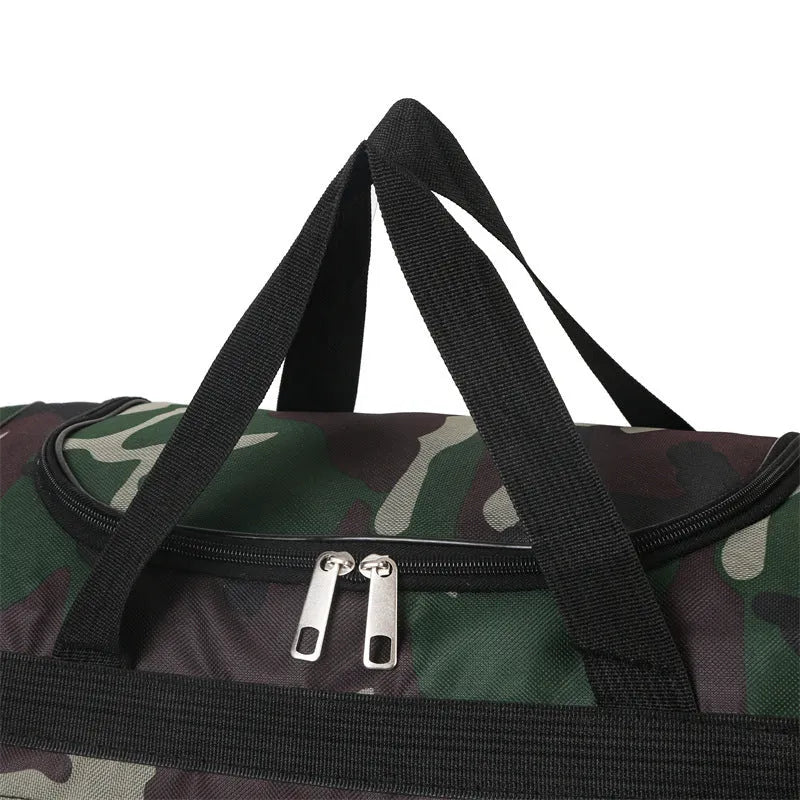Green camouflage waterproof luggage bag with 20L capacity and urban design.