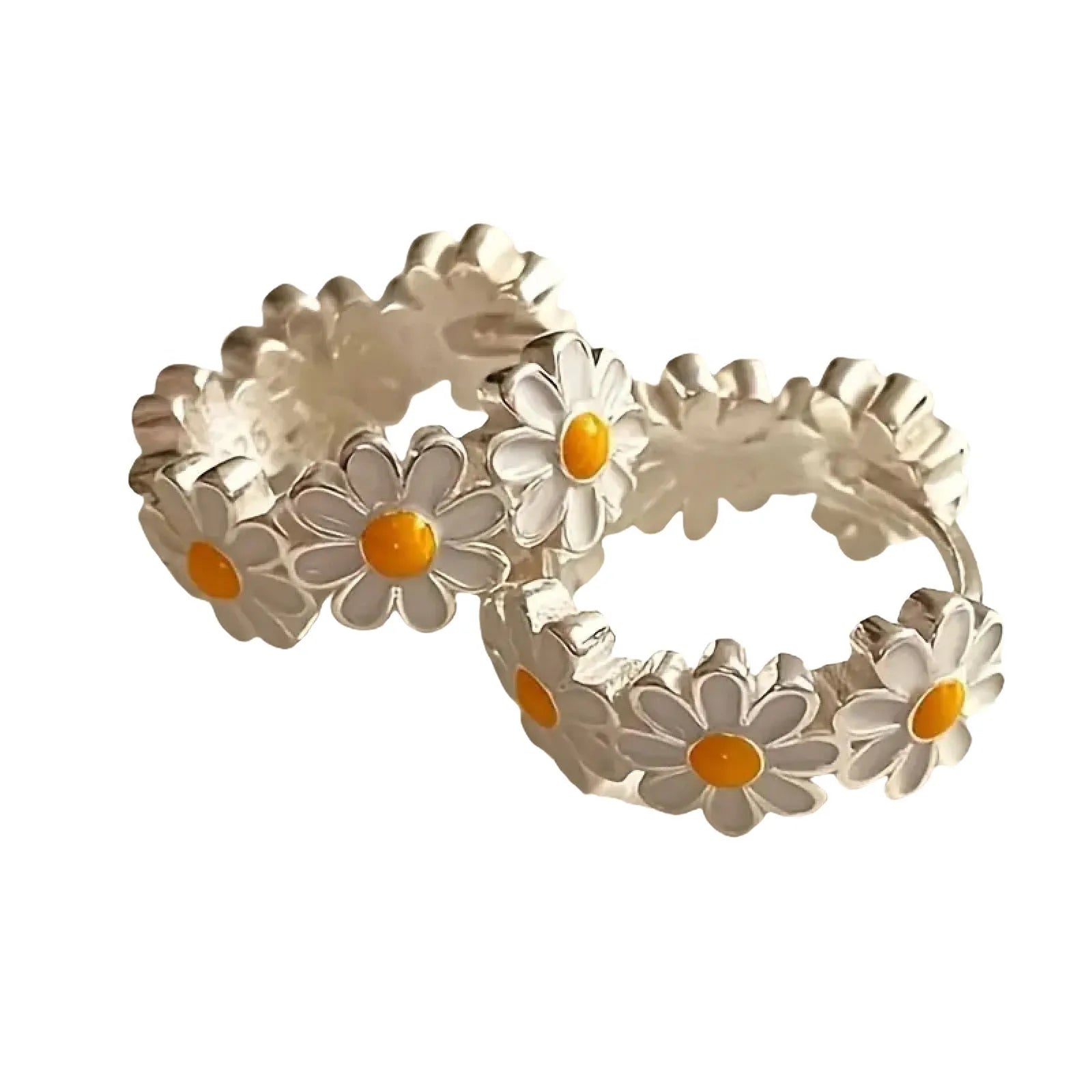 White daisy flower ring earrings with electroplated copper construction and platinum gem details
