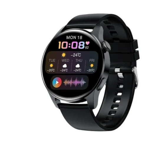 Smart watch with round colour screen showing heart rate data, with black silicone strap on a wrist.