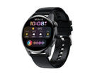 Smart watch with round colour screen showing heart rate data, with black silicone strap on a wrist.