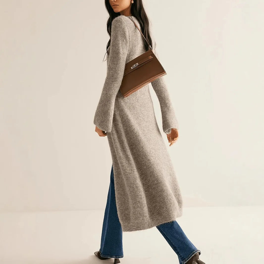 Khaki French retro cardigan coat with button front closure and long sleeves