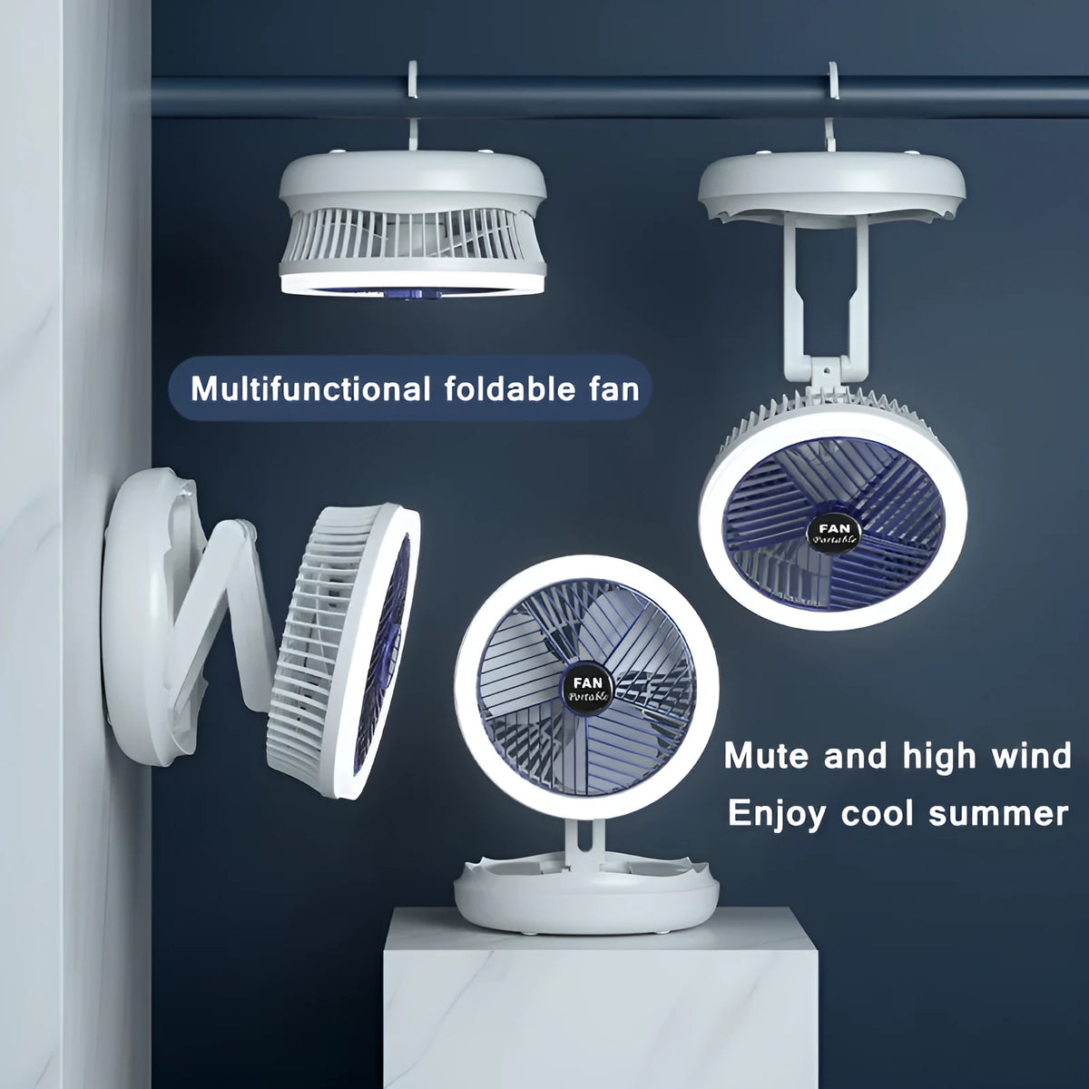 Blue foldable USB charging fan with LED light showing desk and wall mounting options