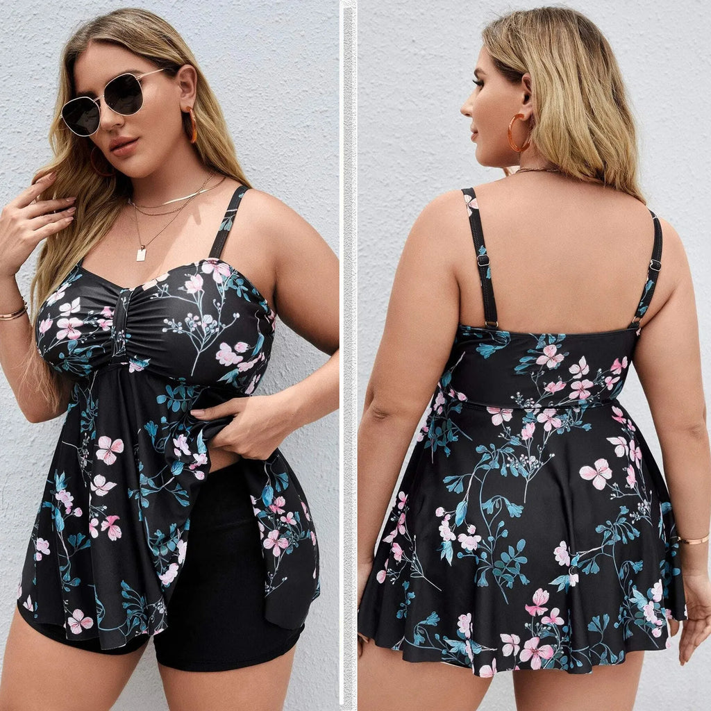 Women's one-piece swimsuit with split colour floral printing, high-elasticity polyester