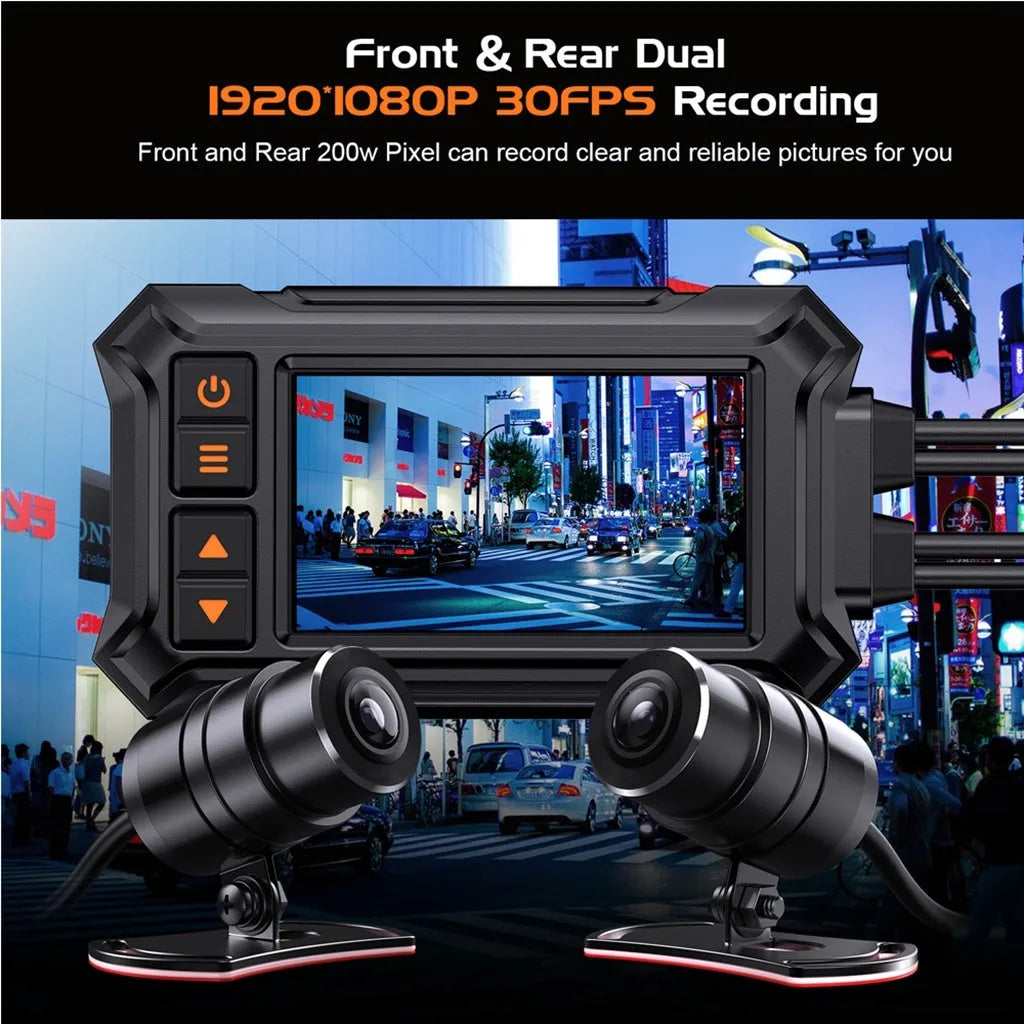 3-inch motorcycle dash camera with dual lenses, GPS module, and cables on a motorcycle handlebar