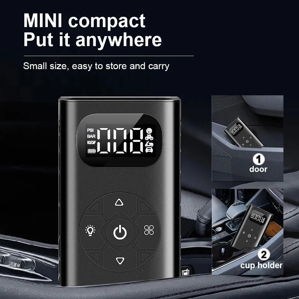 Black portable USB tyre inflator with digital display and air hose for cars and bikes.