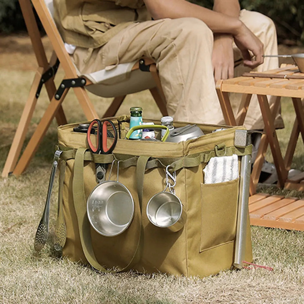 Khaki outdoor folding storage box and shopping bag, 600D Oxford cloth with EPE, approx 370x330mm, with hanging holes and D buckles.