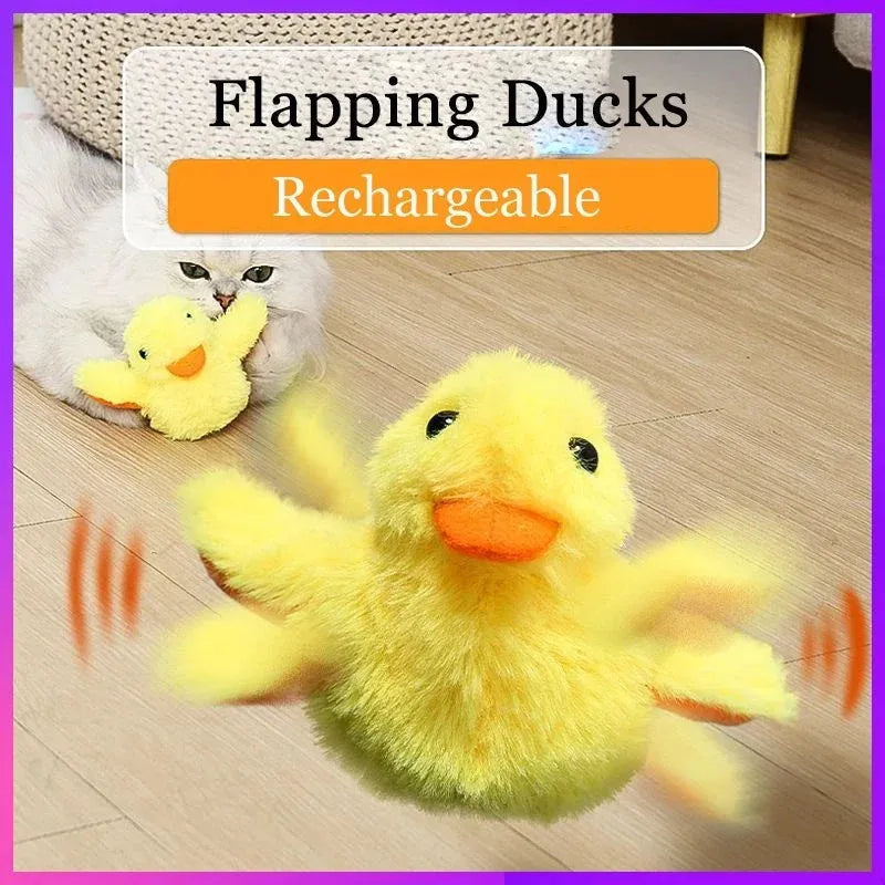 Yellow polyester plush duck-shaped electronic cat toy with USB charging cable.