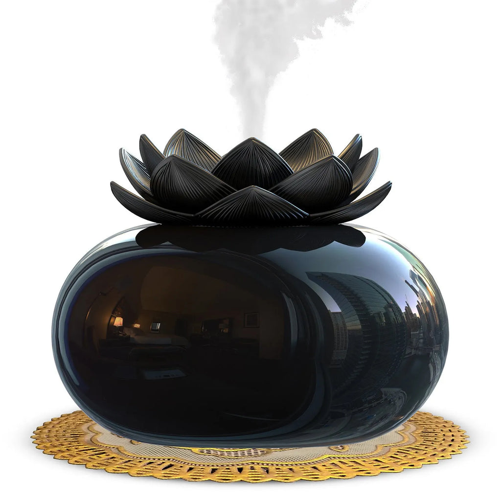 Pure black lotus-shaped aromatherapy humidifier with USB cable and ceramic finish