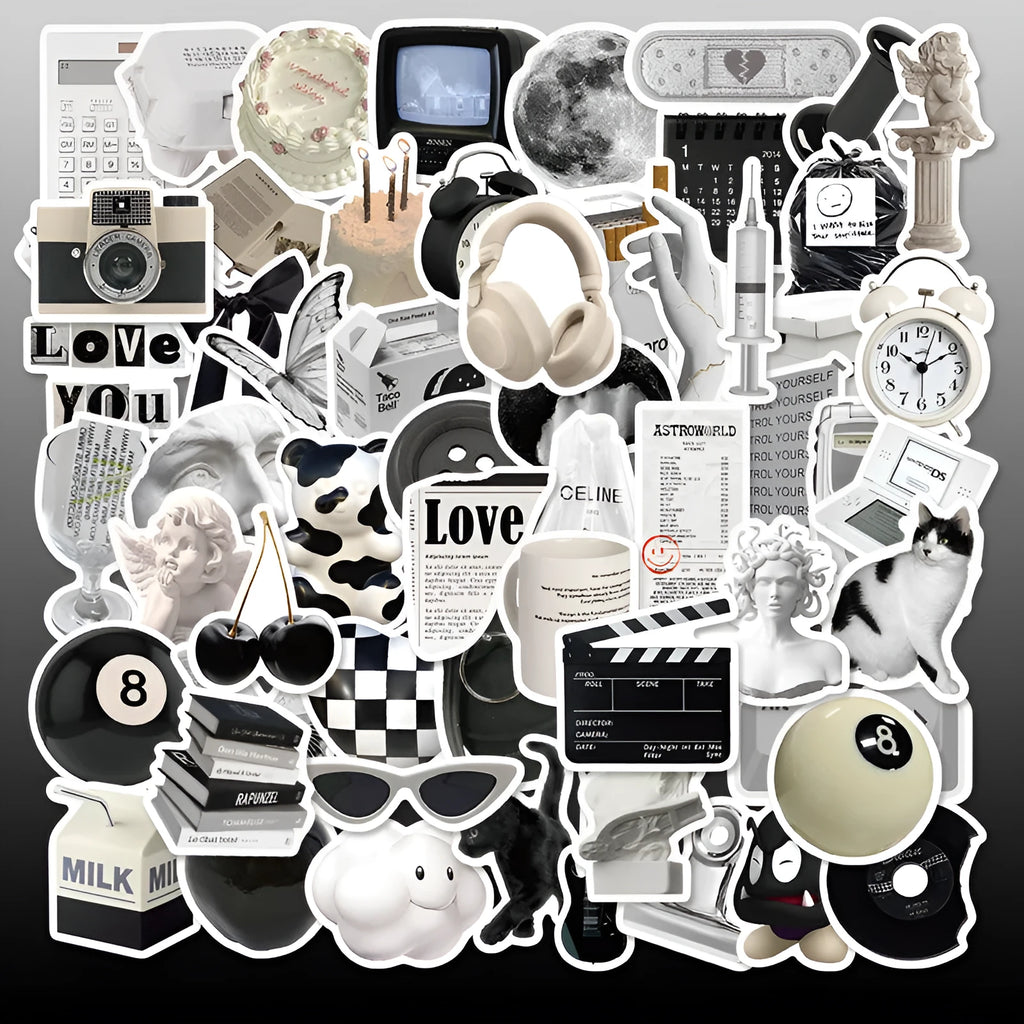 61 black and white waterproof PVC stickers for laptops, phones and luggage