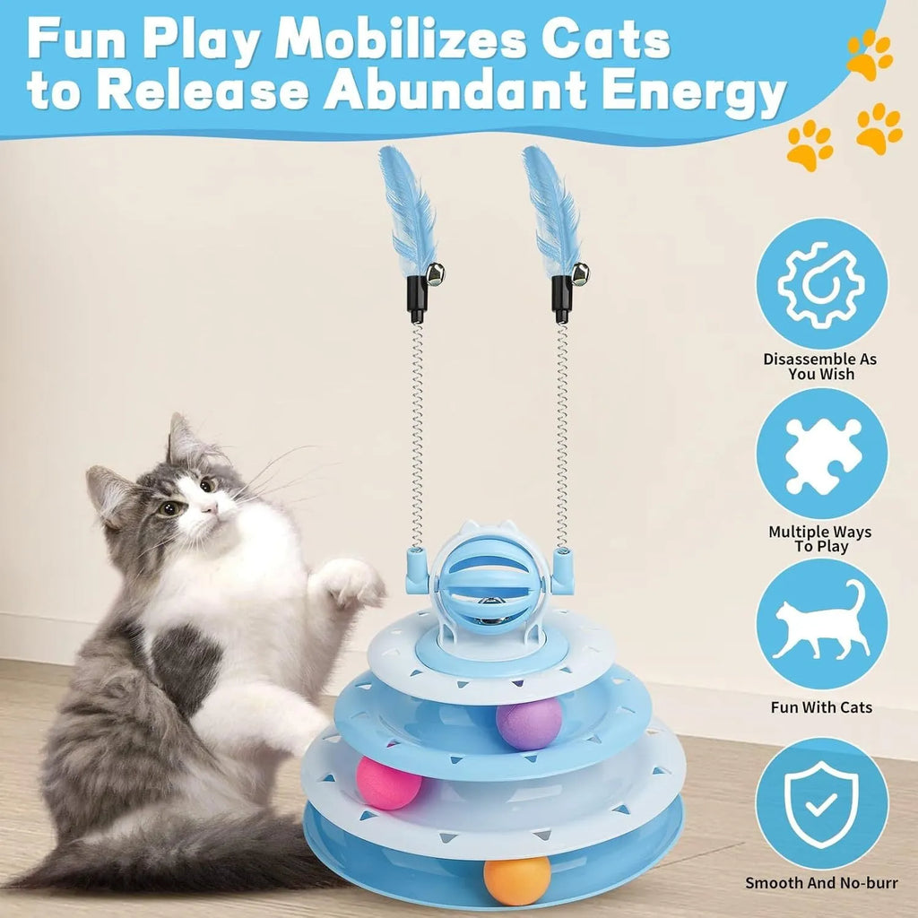 Blue 4-tier interactive cat puzzle toy with six plastic balls on circular tracks and teasing rods