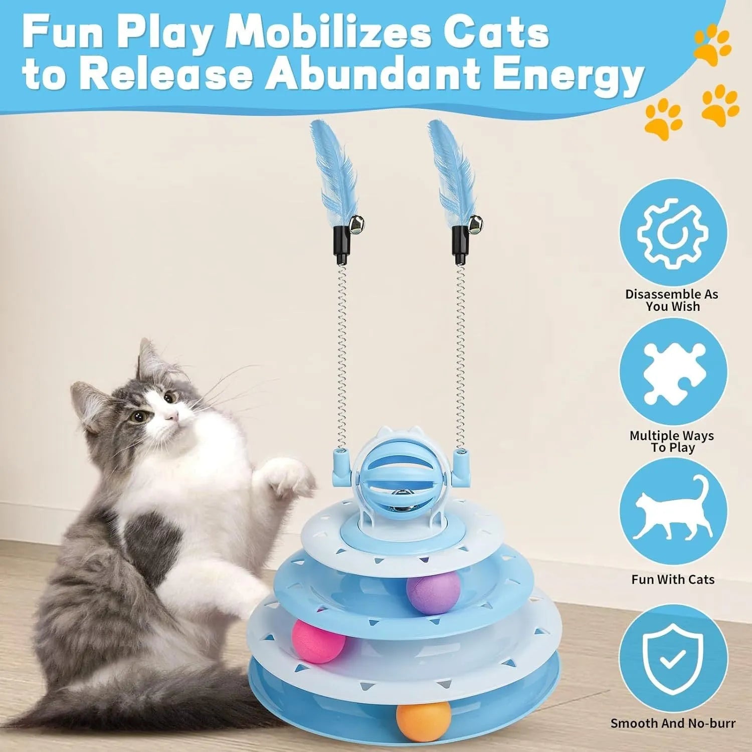 Blue 4-tier interactive cat puzzle toy with six plastic balls on circular tracks and teasing rods