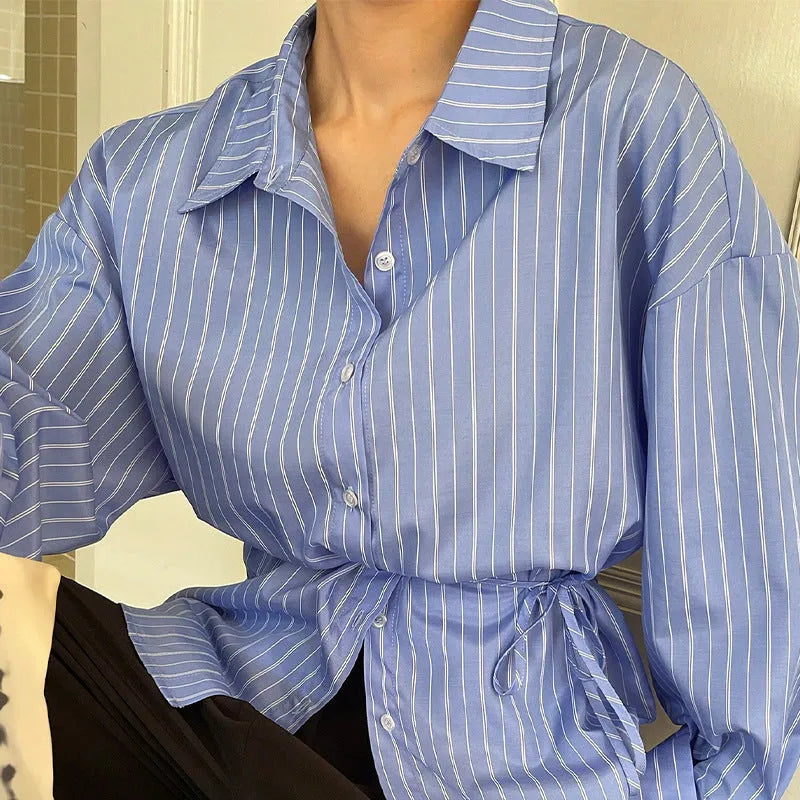 Striped long sleeved polyester shirt with regular sleeves and round neck, sizes S to XL