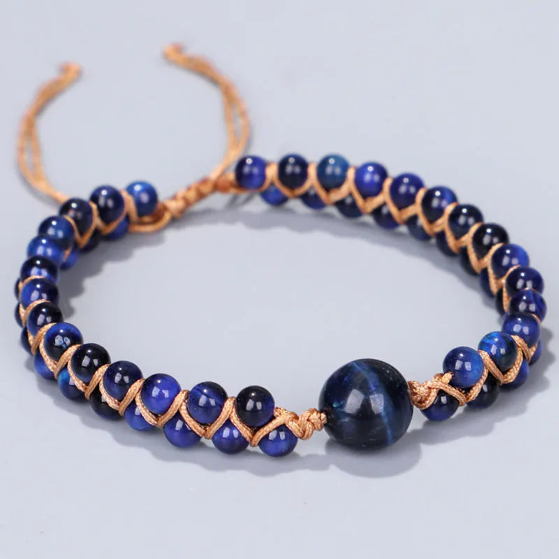 Handmade woven geometric pull bracelet with stone beads and elastic closure