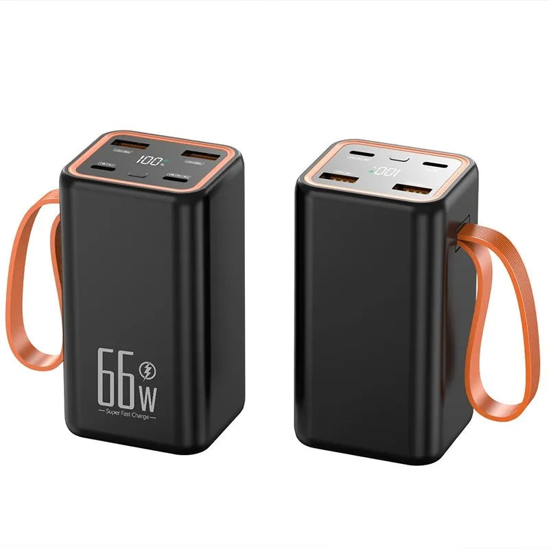Black and white 20000mAh fast-charge power bank showing compact 95x52x47.5mm dimensions