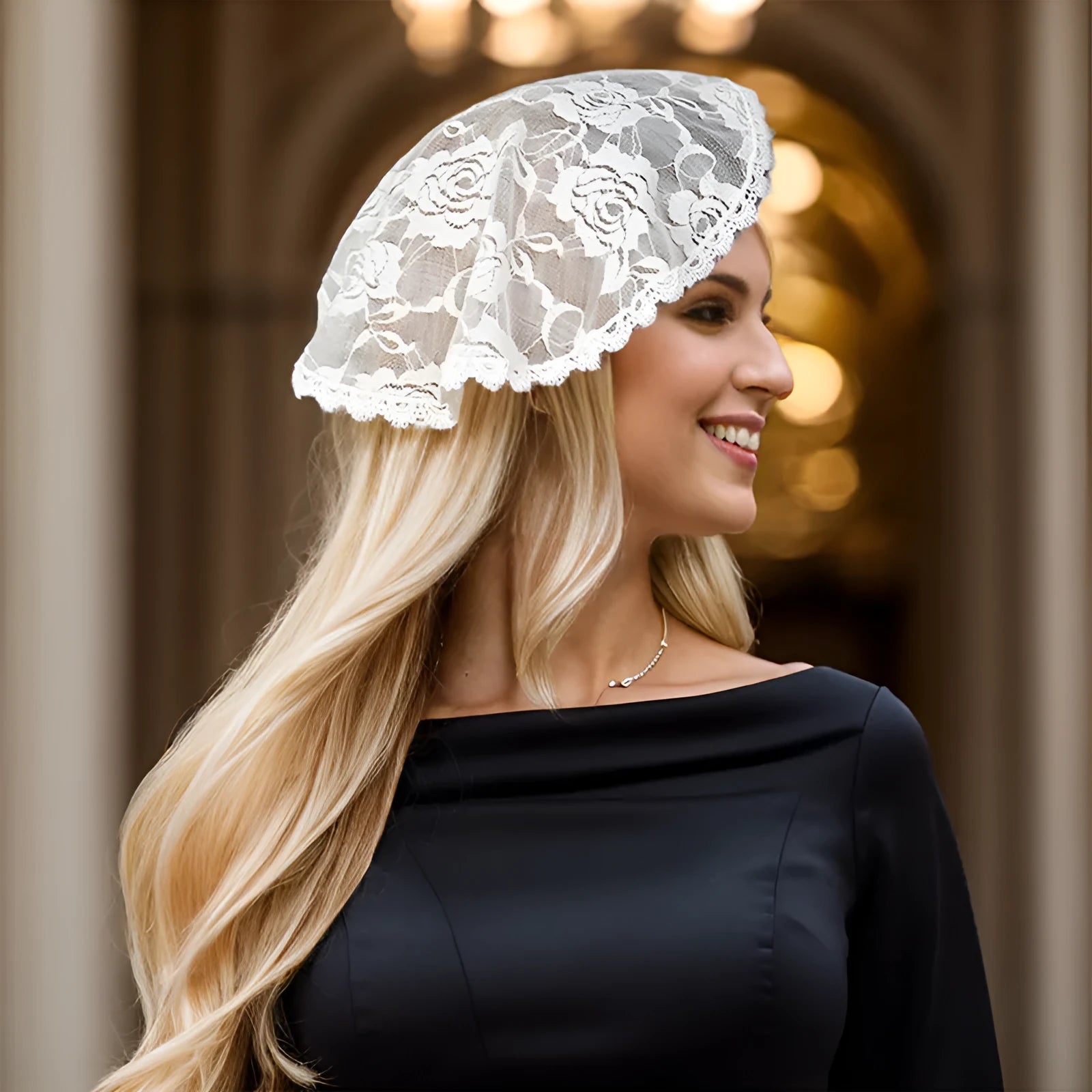 Small round bridal head cover in black or white, 30cm wide, made from polyester fabric.
