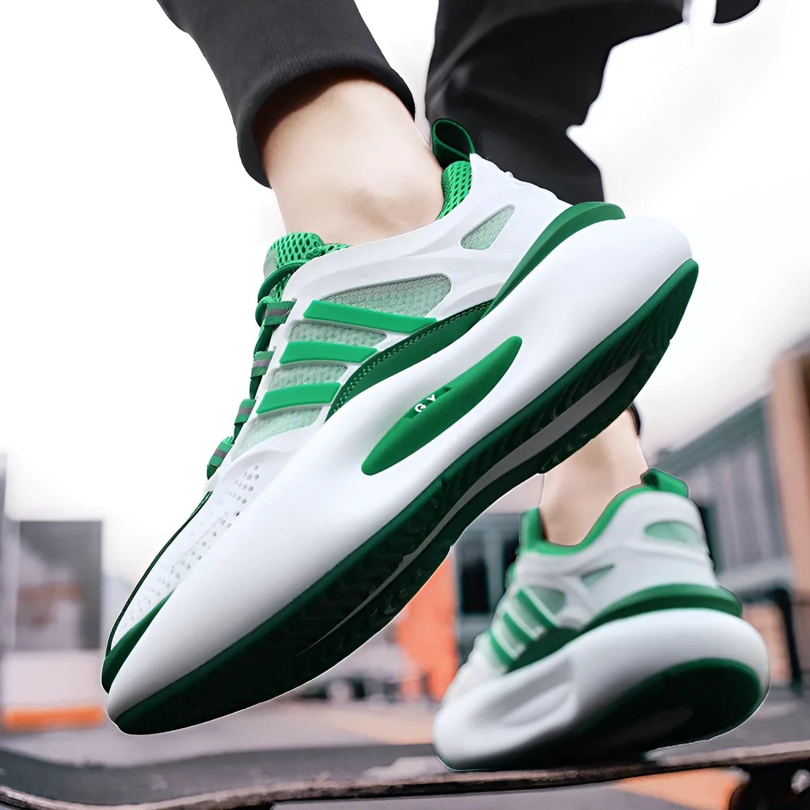 Men's white mesh breathable running sneakers with rubber sole and front lacing
