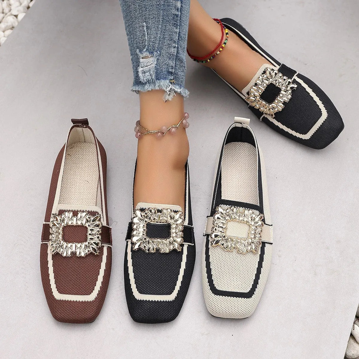 Flyknit slip-on square toe rhinestone flat shoes for women in beige with cloth lining