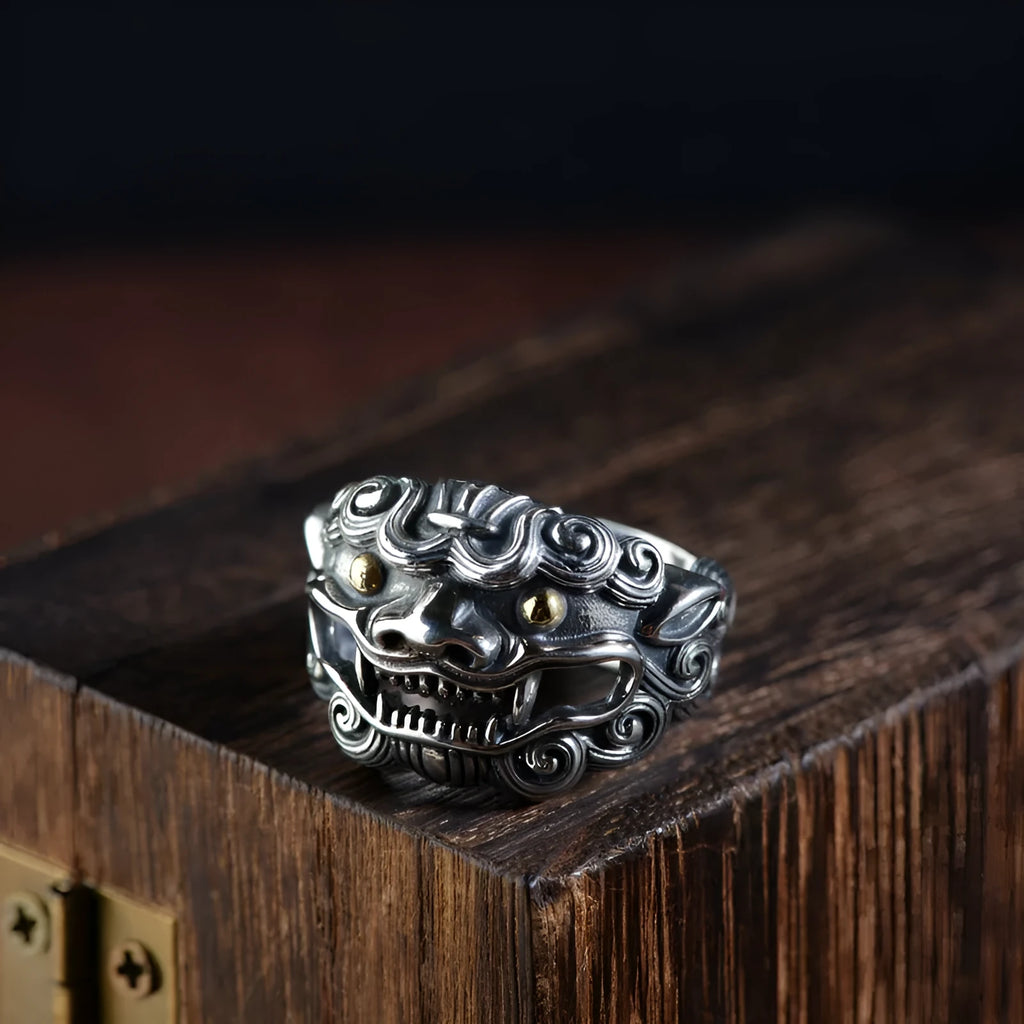 Personalised Jibeast pattern silver open ring with zodiac animal engraving and adjustable band
