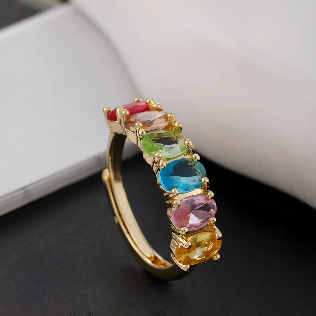 Gold electroplated copper adjustable ring with zircon stone in retro style