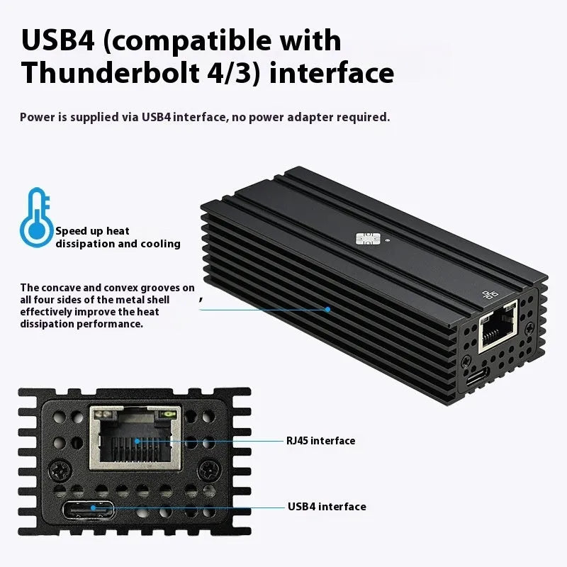 Black Leyu USB4 to 10 Gigabit Ethernet adapter with 20cm cable showing RJ45 port